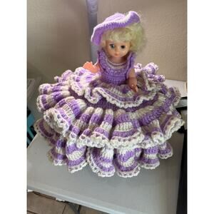 Vtg Crochet Bed Pillow Doll 16'' Purple & White Trim  Blonde Blue Eyes